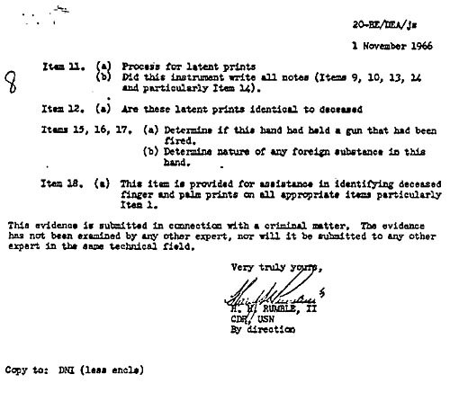 Fourth page of covering letter from NIS to FBI, requesting processing of listed physical evidence, 1NOV66.